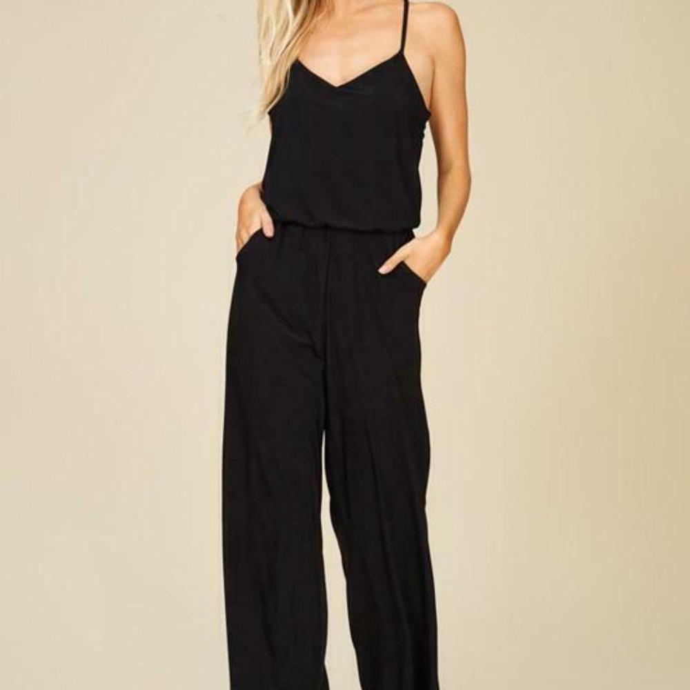 Women's Black Elastic Waist Jumpsuit - with Pocket - Picture 7 of 7